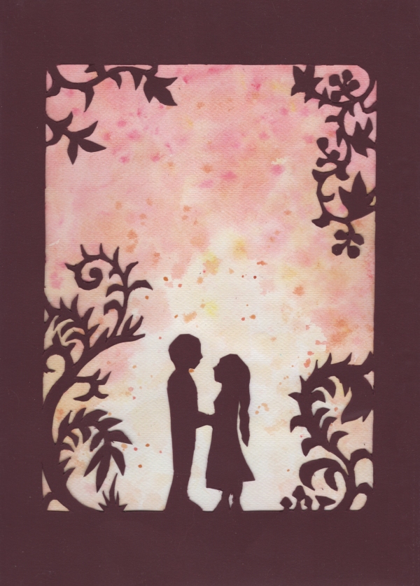 Silhouette figures and flowers cut in card over an abstract watercolour background