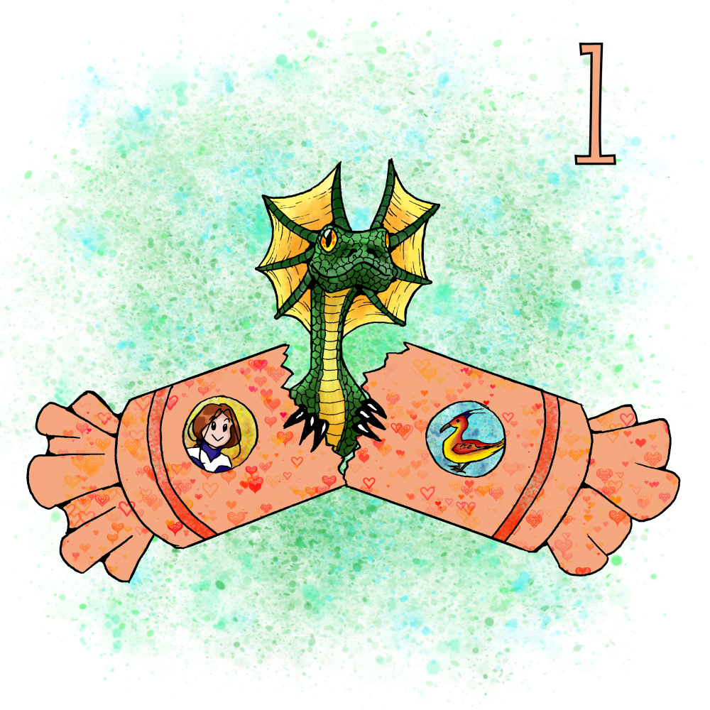 A grinning dragon emerging from a cracker