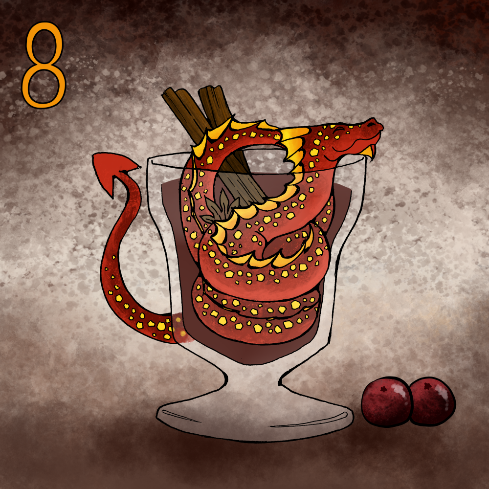 A dragon coiled up in a glass of mulled wine.