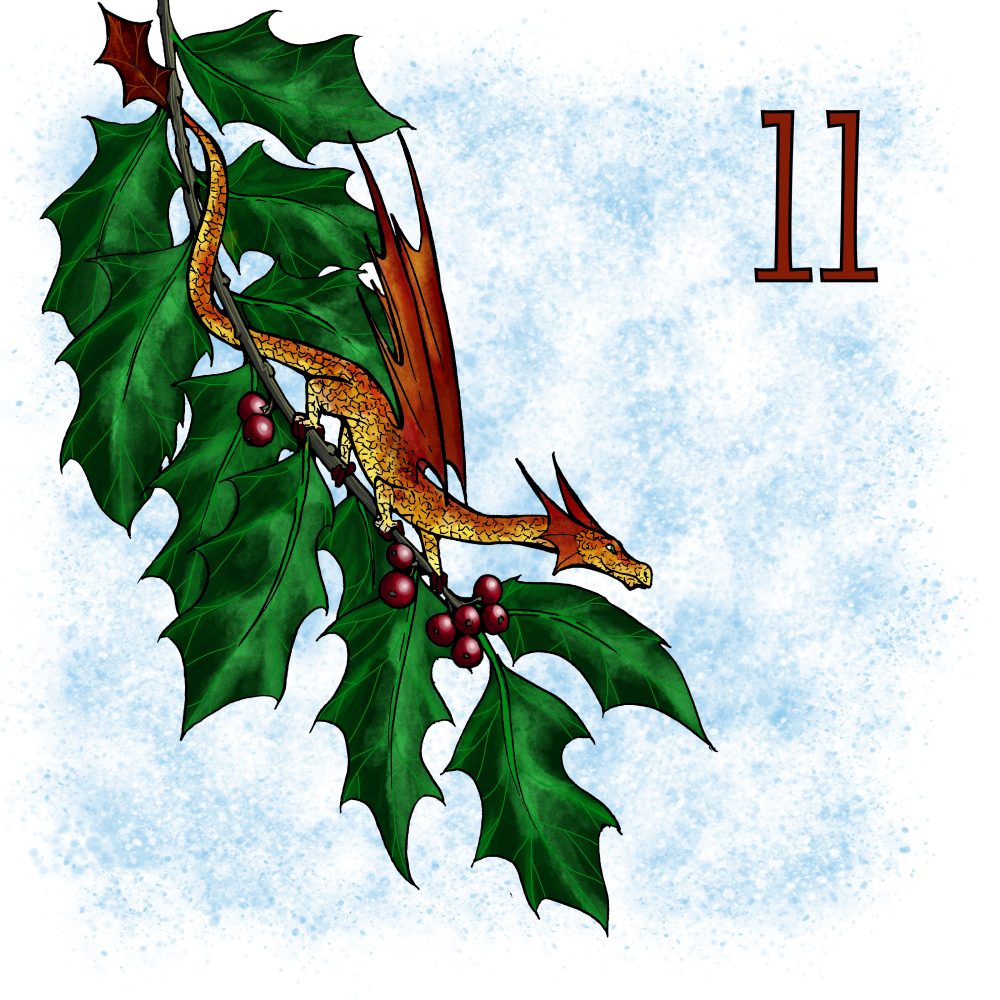 A small dragon perched on a holly branch.