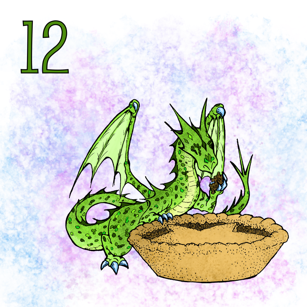 A small dragon helping itself to the filling of a mince pie.