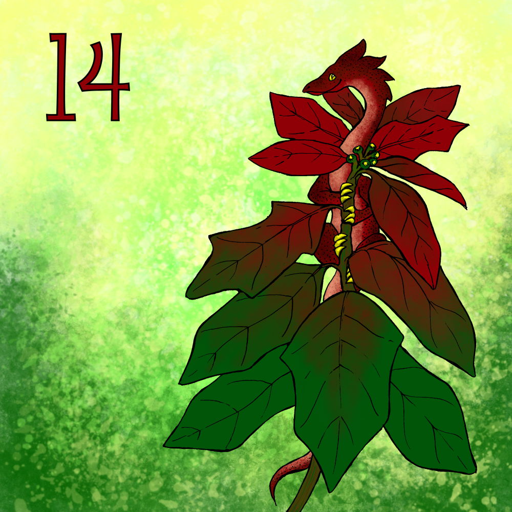 A little red dragon clinging to a poinsettia stem.