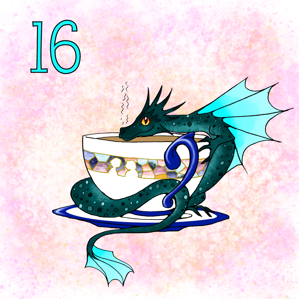 A small blue dragon curled around a cup of tea.