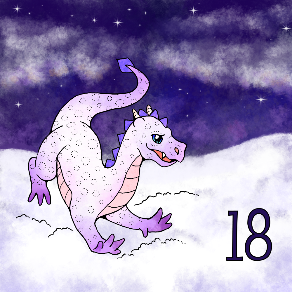 A white dragon playing in the snow on a starry night.
