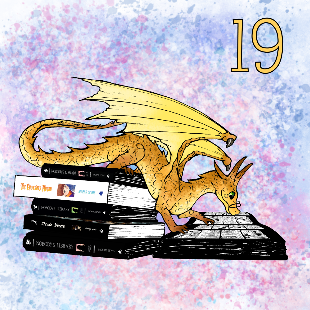 A dragon perching on a pile of books and reading another.