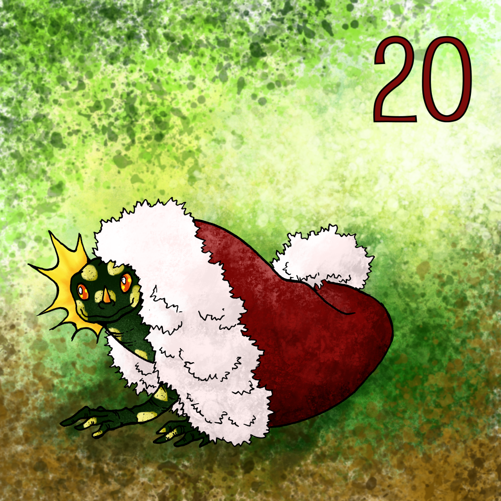 A black dragon with yellow splotches peeks out from within a santa hat.