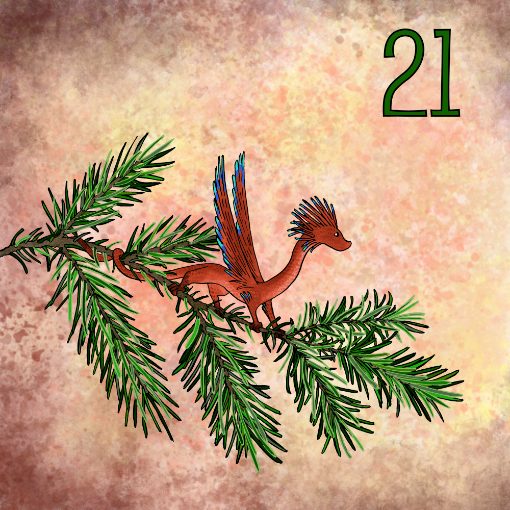 Little red dragon perched on a pine tree branch.