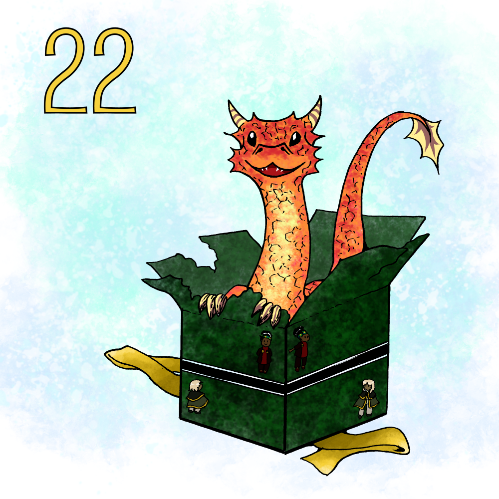 A dragon popping up from an opened gift box.