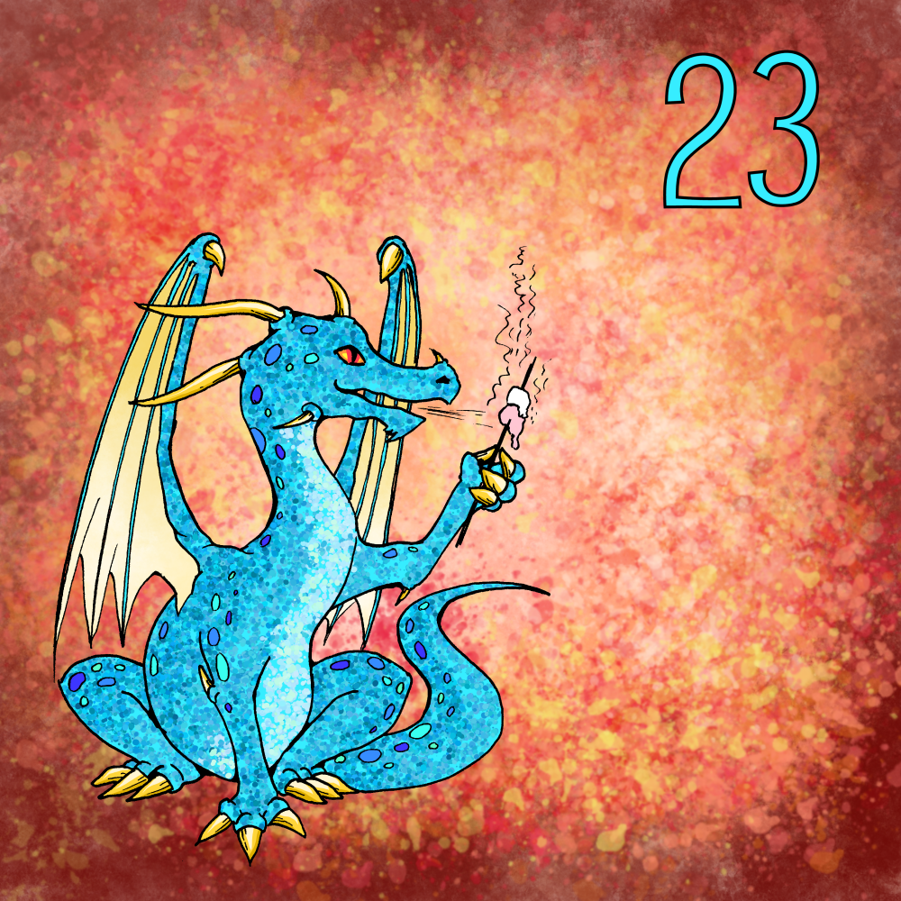 A blue dragon toasting marshmallows.