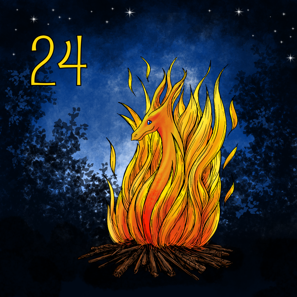 A dragon formed by a campfire in a night-time woodland scene.