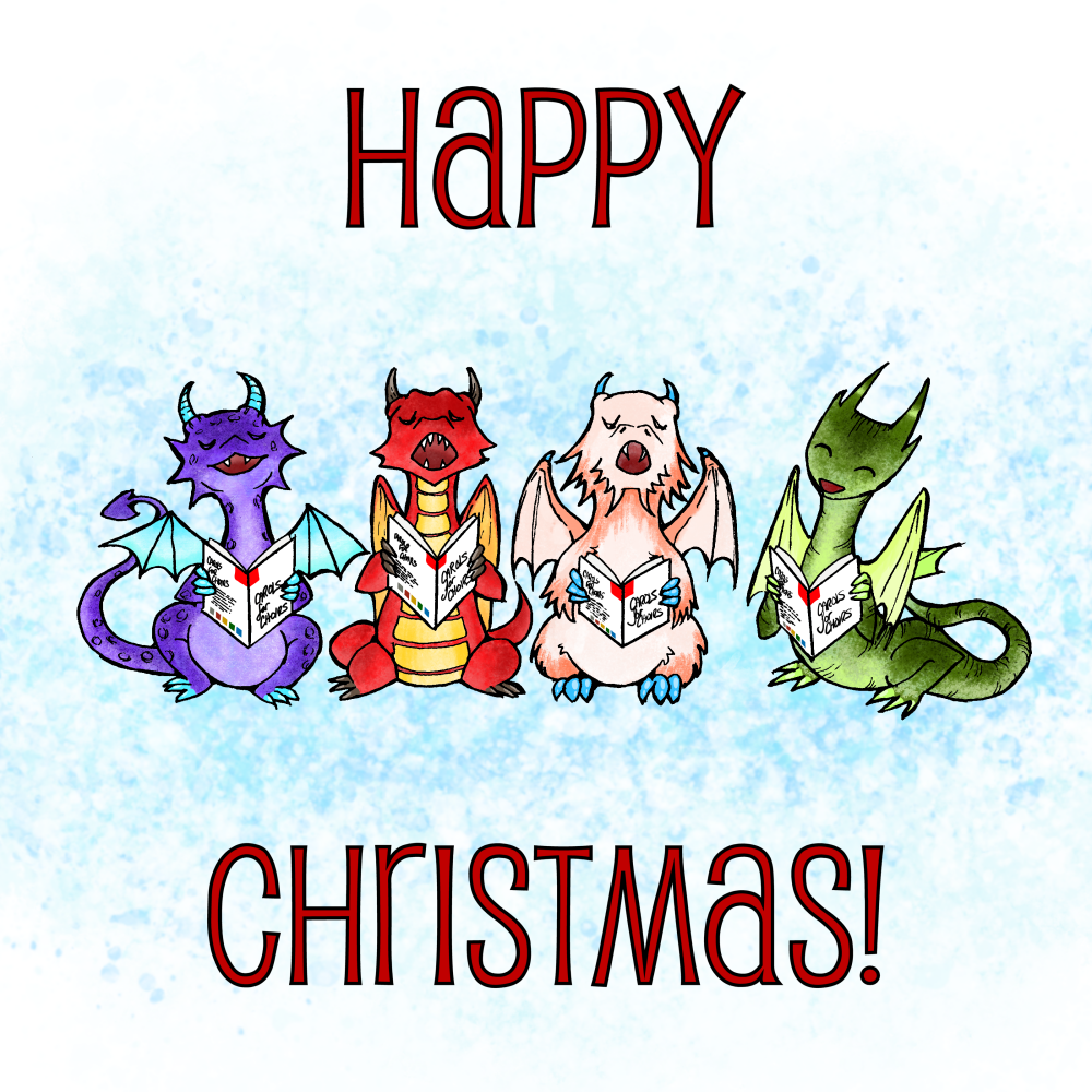 Four small cute dragons singing from carol sheets.