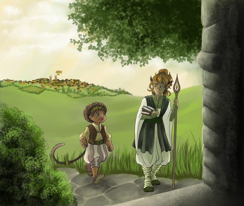 Two characters against a pastoral backdrop with a distant airship