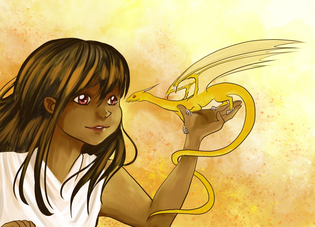 A girl with long dark hair holding up her hand to support a small gold dragon