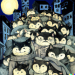Thumbnail DALL·E 2022-09-01 11.14.50 - stack of cheerful cats huddled in a trenchcoat, moonlit night, cityscape, studio ghibli 1982.png 