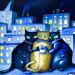 Thumbnail DALL·E 2022-09-01 11.15.58 - three cats sharing a trenchcoat on a moonlight night dramatic lighting cityscape watercolour.png 