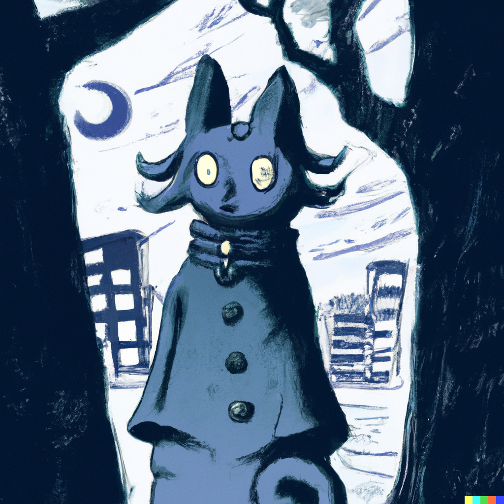 DALL·E 2022-09-01 11.07.33 - cat totem in a trenchcoat, moonlit night, cityscape, studio ghibli 1982.png 