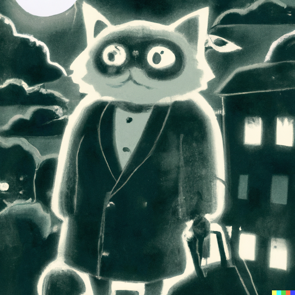 DALL·E 2022-09-01 11.07.38 - cat totem in a trenchcoat, moonlit night, cityscape, studio ghibli 1982.png 