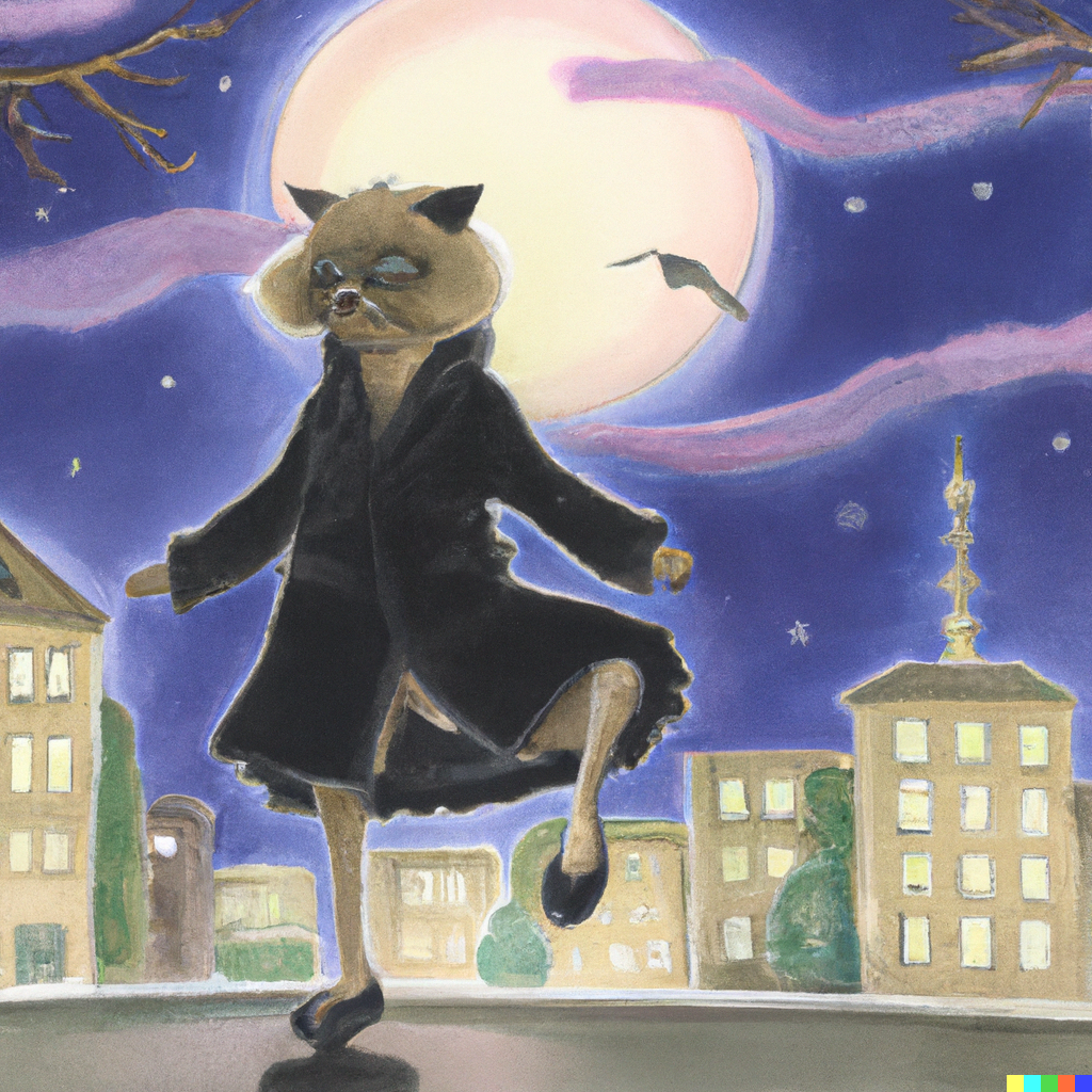 DALL·E 2022-09-01 11.07.52 - ballet cat in bulky trenchcoat on a bright moonlit night, cityscape, studio ghibli 1982.png 
