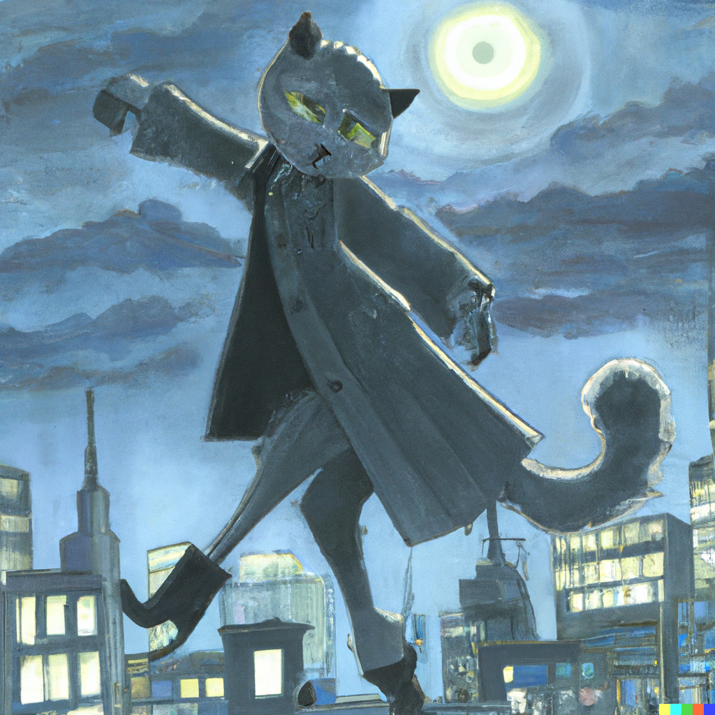DALL·E 2022-09-01 11.07.57 - ballet cat in bulky trenchcoat on a bright moonlit night, cityscape, studio ghibli 1982.png 