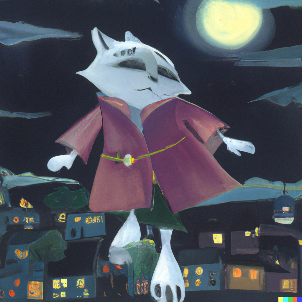 DALL·E 2022-09-01 11.08.06 - ballet cat in bulky trenchcoat on a bright moonlit night, cityscape, studio ghibli 1982.png 