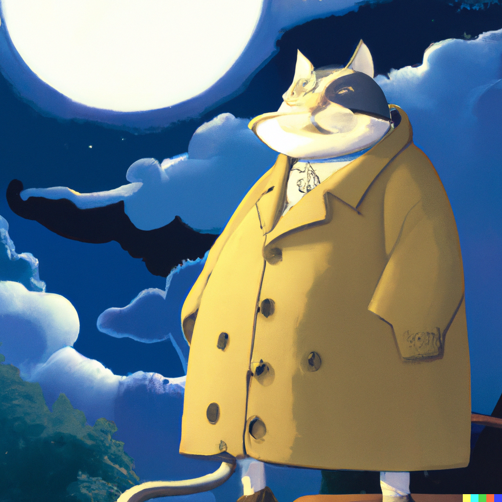 DALL·E 2022-09-01 11.08.14 - tall lumpy cat in a trench coat on a moonlit night, studio ghibli animated film still 1982.png 