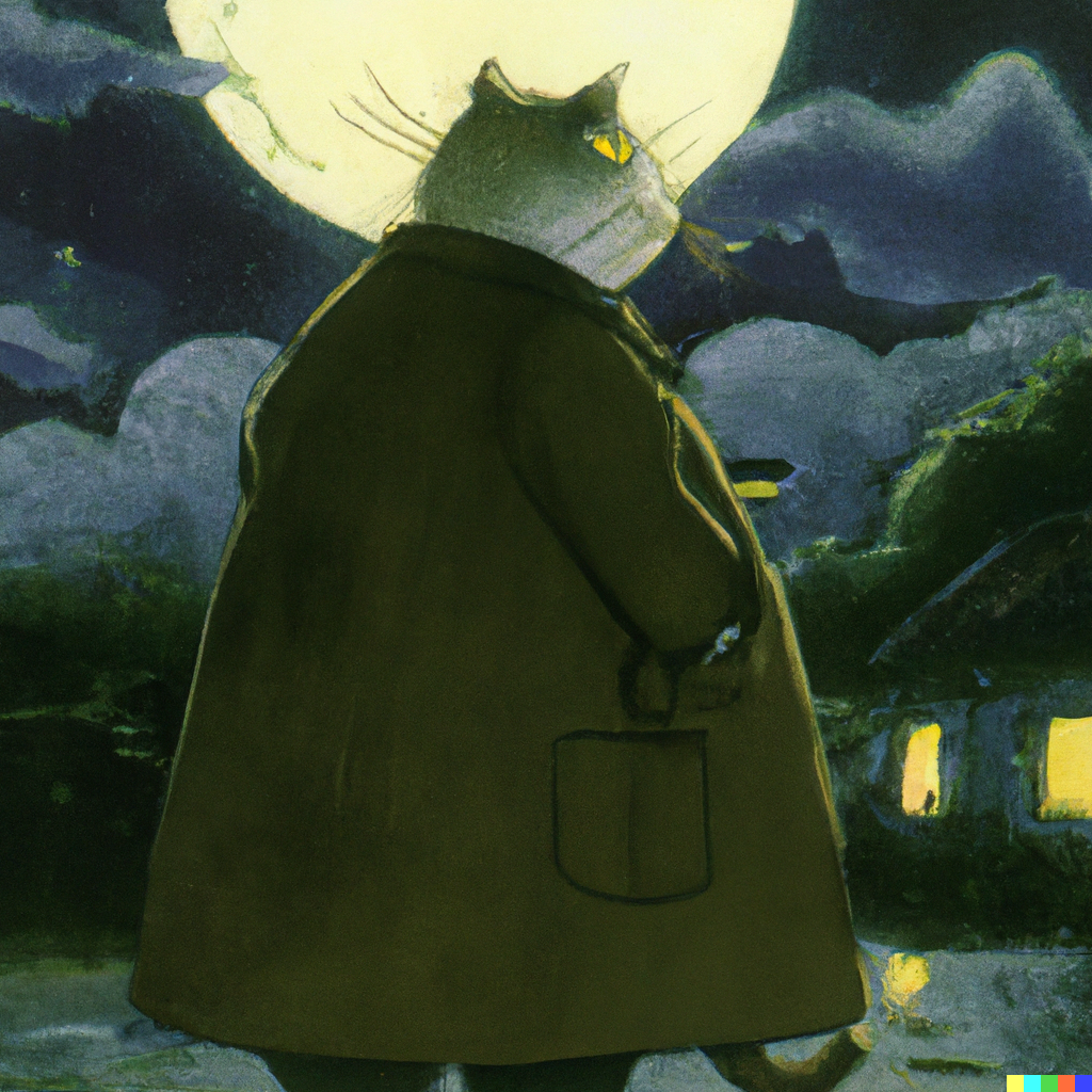 DALL·E 2022-09-01 11.08.24 - tall lumpy cat in a trench coat on a moonlit night, studio ghibli animated film still 1982.png 