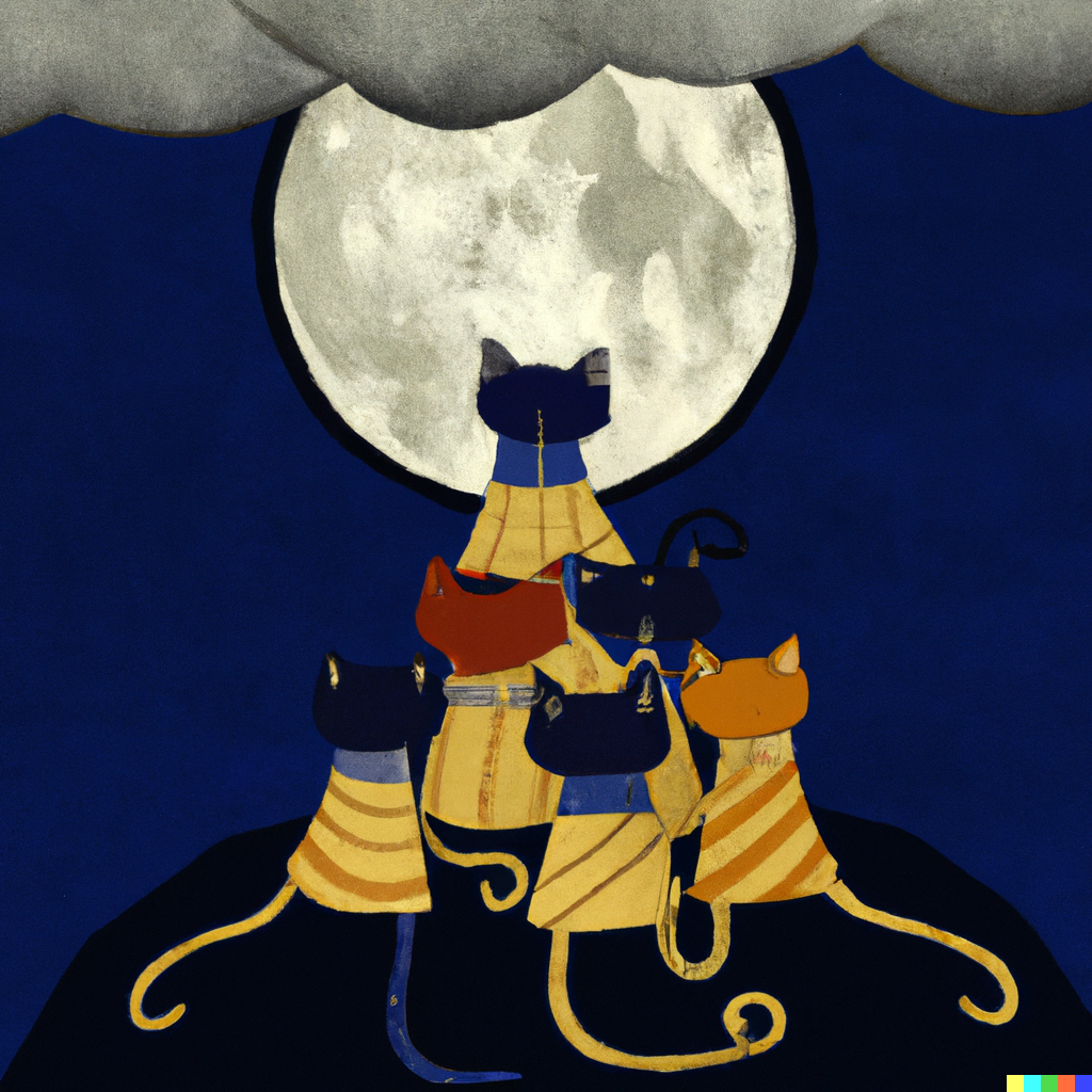 DALL·E 2022-09-01 11.08.43 - tower of cats huddling under a trench coat on a moonlit night, studio ghibli 1982.png 