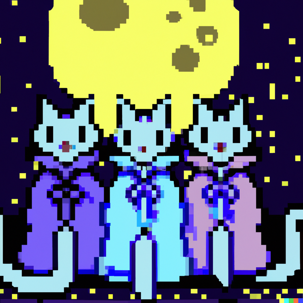 DALL·E 2022-09-01 11.09.13 - three cats in a trenchcoat on a moonlight night super nintedo pixel art.png 