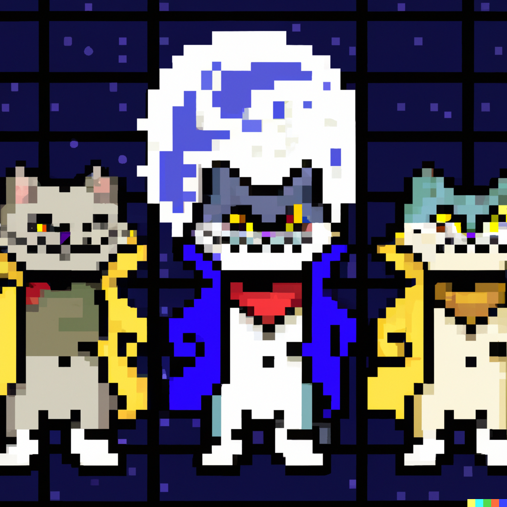 DALL·E 2022-09-01 11.09.19 - three cats in a trenchcoat on a moonlight night super nintedo pixel art.png 