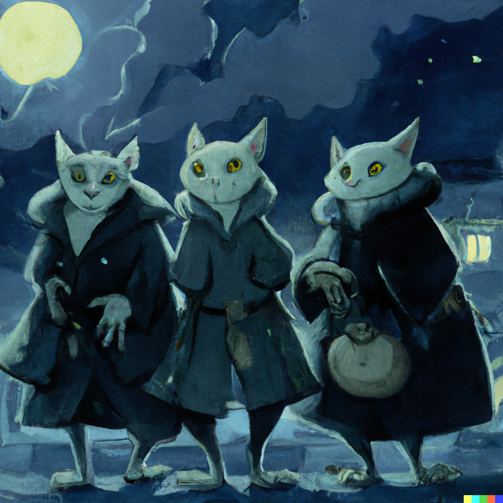 DALL·E 2022-09-01 11.10.04 - three cats sharing a trenchcoat on a cold moonlit night studio ghibli.png 