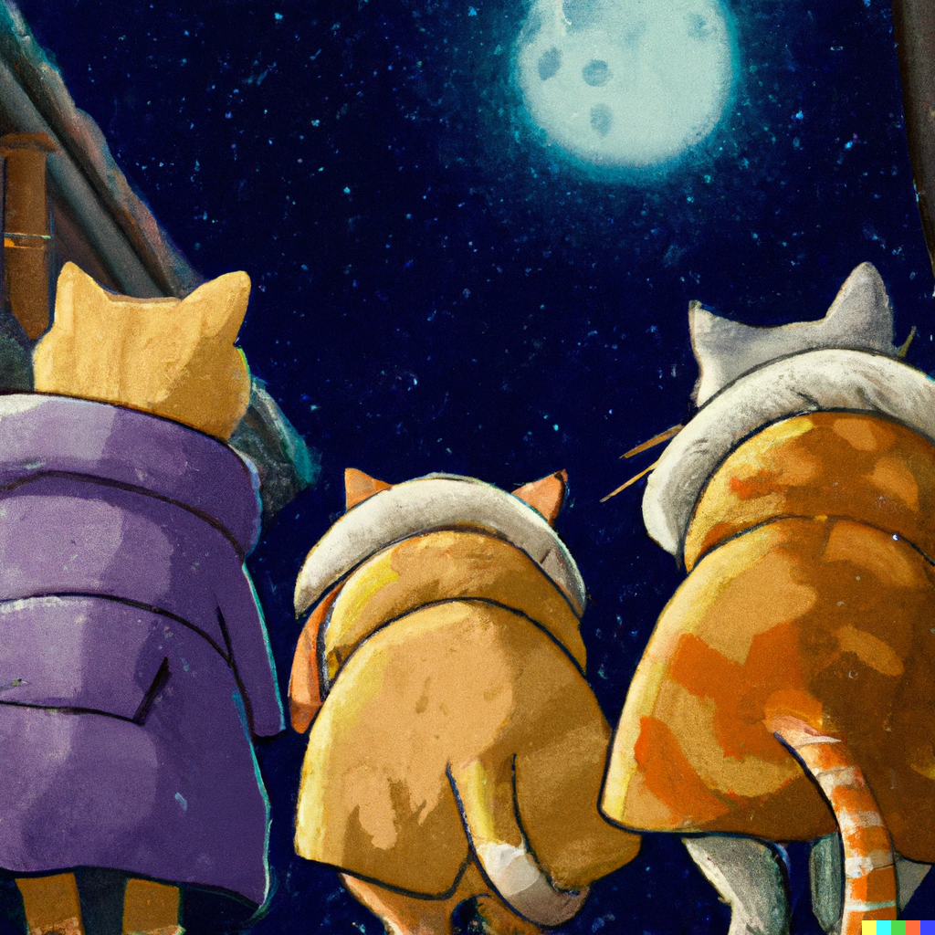 DALL·E 2022-09-01 11.10.08 - three cats sharing a trenchcoat on a cold moonlit night studio ghibli.png 