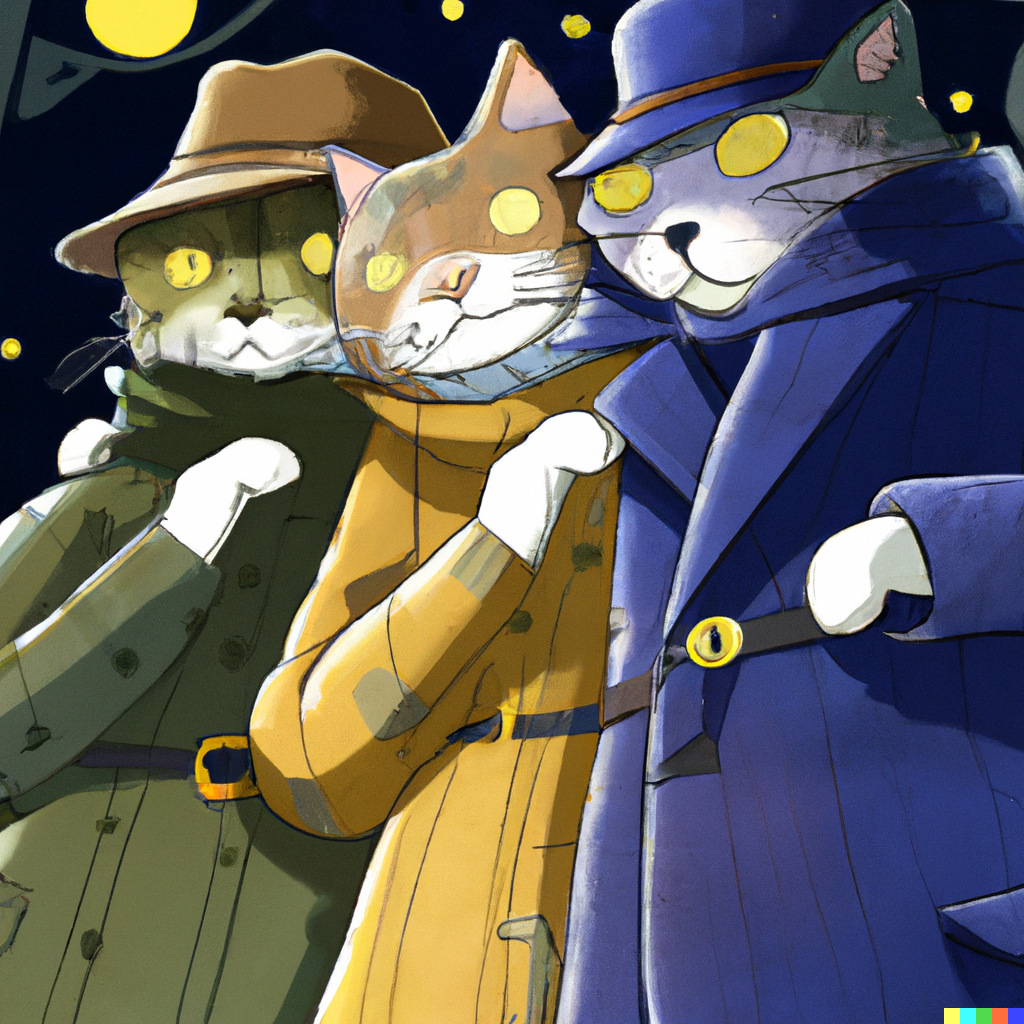 DALL·E 2022-09-01 11.10.24 - three cats huddling under a trenchcoat on a cold moonlit night studio ghibli.png 