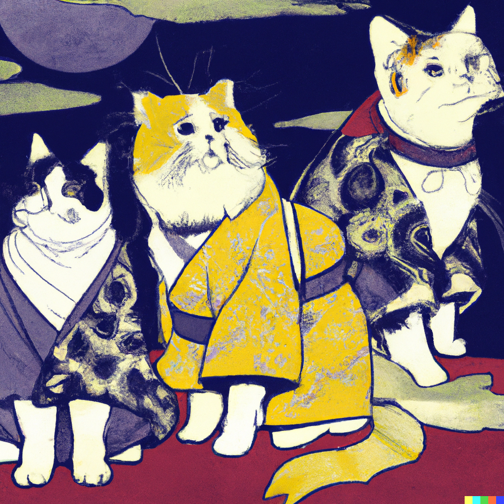 DALL·E 2022-09-01 11.10.34 - three cats in a trenchcoat moon colour hokusai bright high quality.png 
