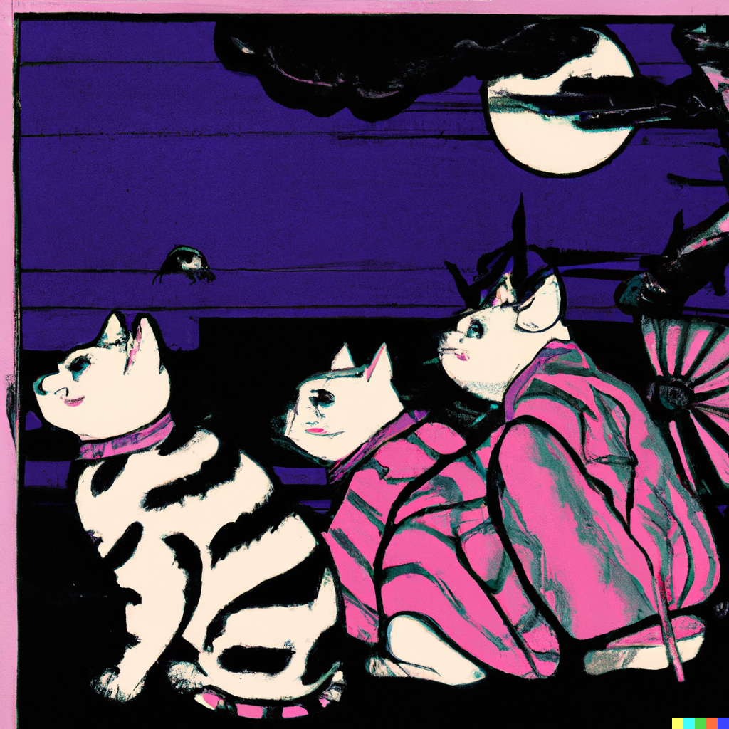 DALL·E 2022-09-01 11.10.43 - three cats in a trenchcoat on a moonlight night ukiyo-e woodblock print 18th century stylised bright colour.png 