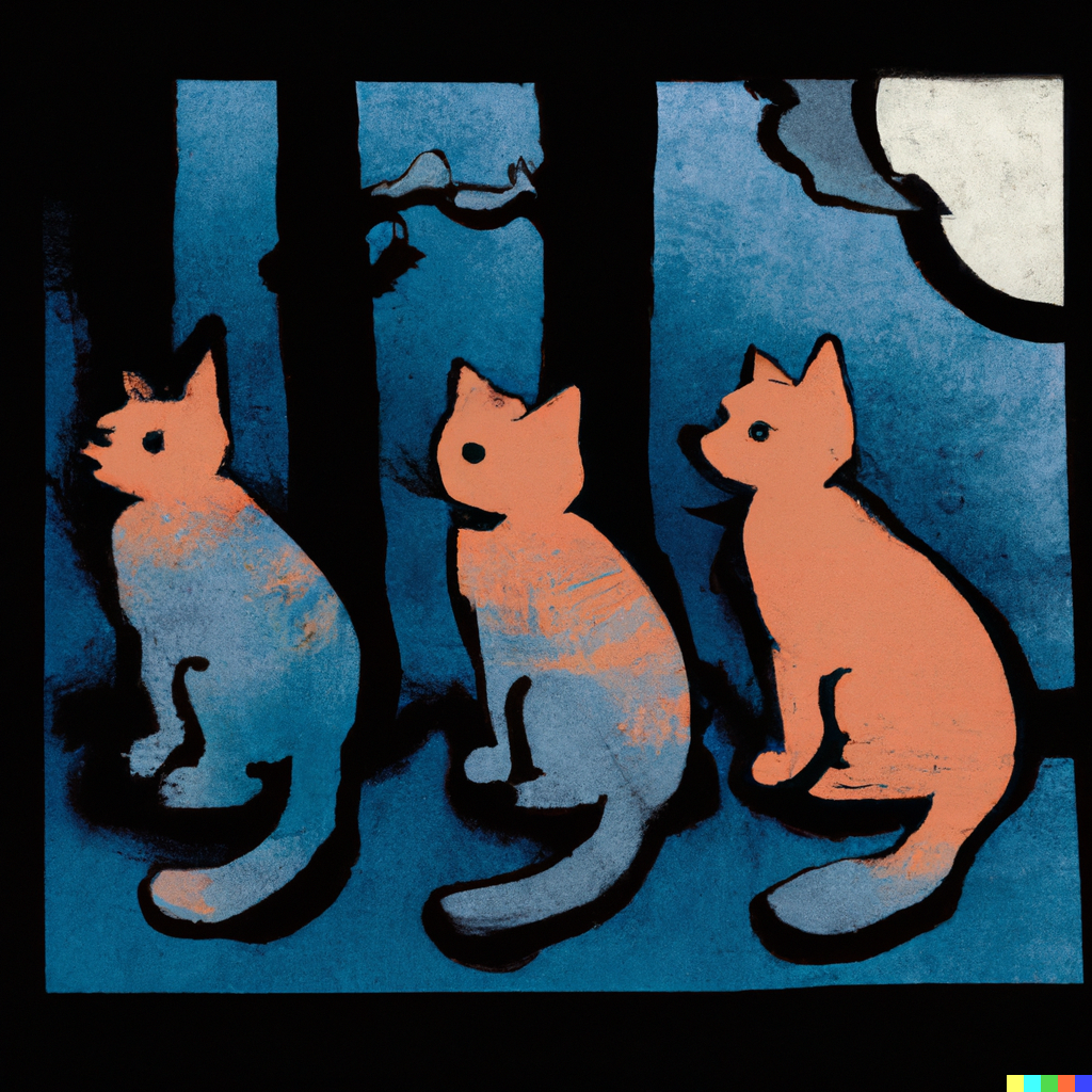 DALL·E 2022-09-01 11.10.48 - three cats in a trenchcoat on a moonlight night ukiyo-e woodblock print stylized colour.png 