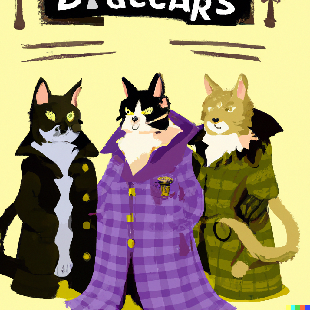 DALL·E 2022-09-01 11.10.54 - three cats in a trenchcoat dungeons and dragons rulebook illustration flat colour.png 