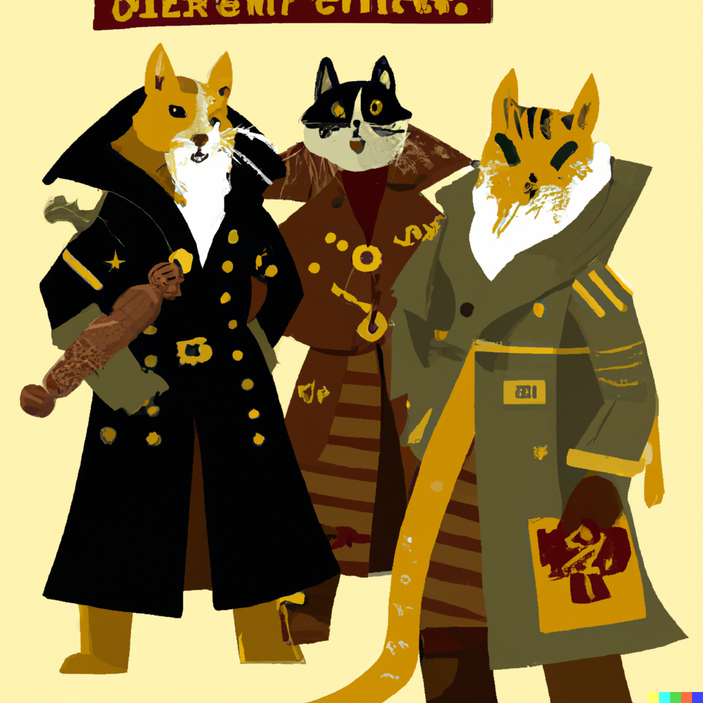 DALL·E 2022-09-01 11.11.05 - three cats in a trenchcoat dungeons and dragons rulebook illustration flat colour.png 