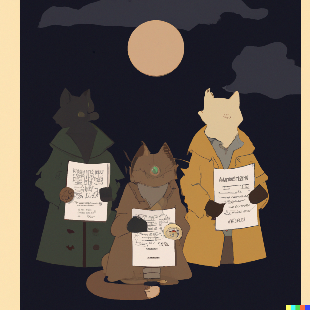 DALL·E 2022-09-01 11.11.10 - three cats in a trenchcoat with moon DnD rules manual illustration flat colour.png 