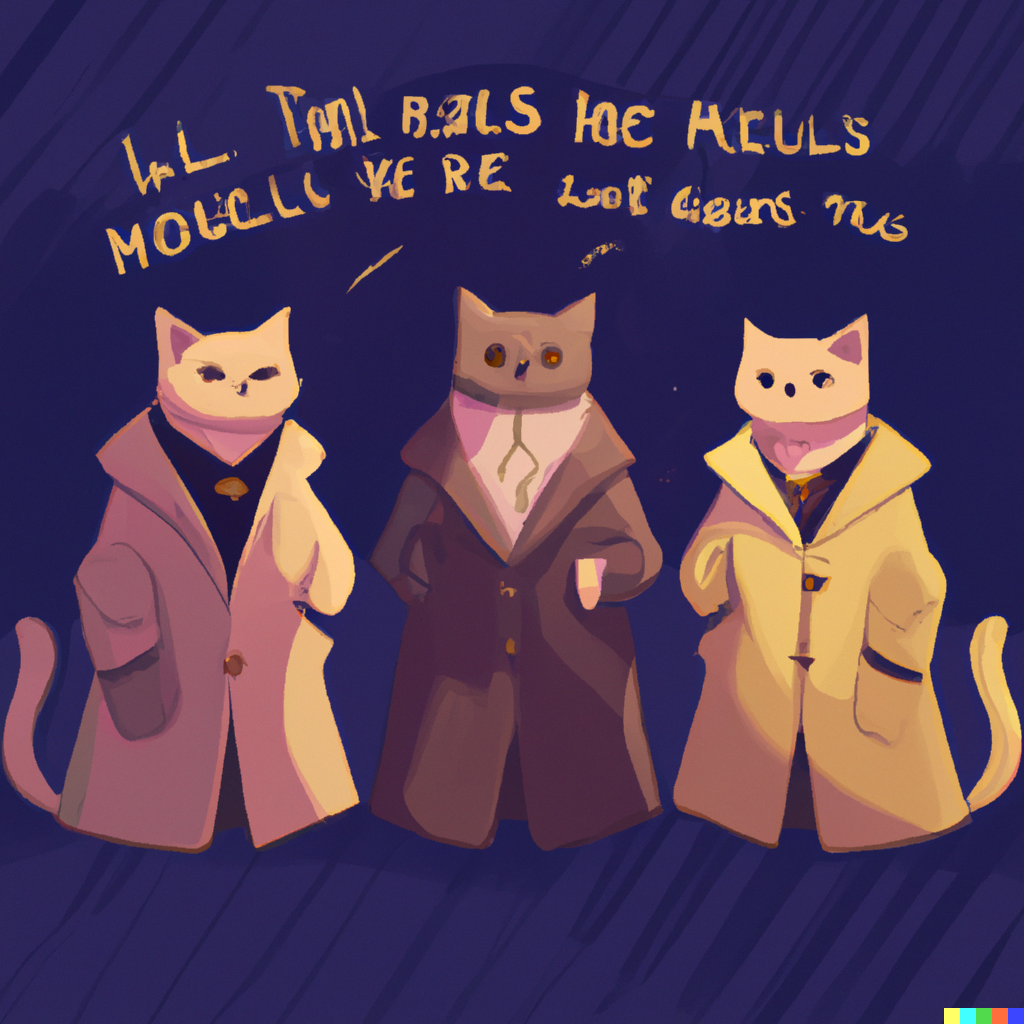DALL·E 2022-09-01 11.11.15 - three cats in a trenchcoat with moon DnD rules manual illustration flat colour.png 