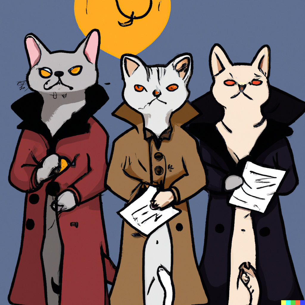 DALL·E 2022-09-01 11.11.22 - three cats in a trenchcoat with moon DnD rules manual illustration flat colour.png 