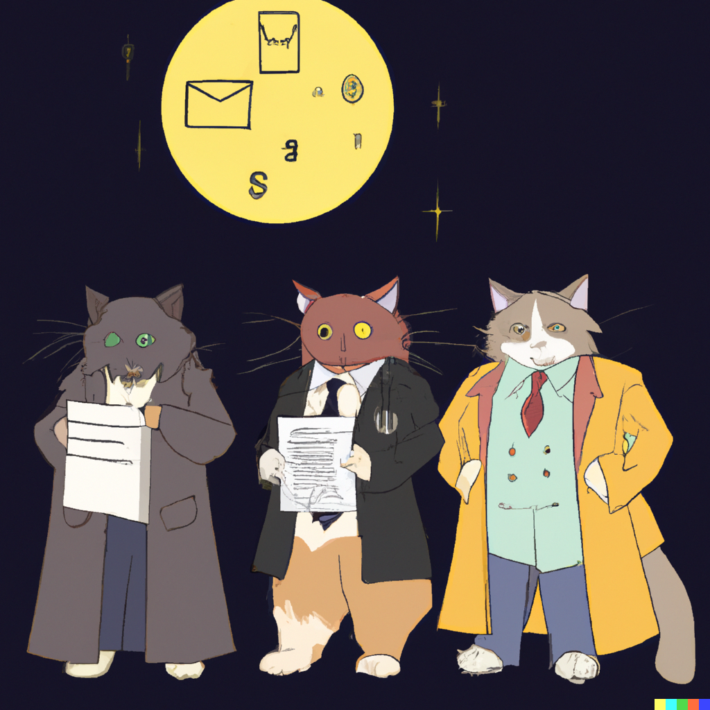 DALL·E 2022-09-01 11.11.28 - three cats in a trenchcoat with moon DnD rules manual illustration flat colour.png 