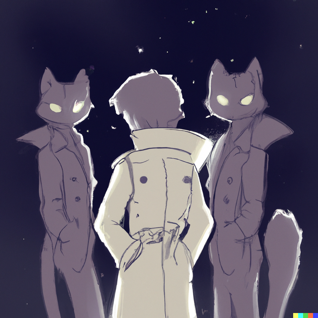 DALL·E 2022-09-01 11.11.38 - a figure in a trenchcoat on a moonlit night but inside it's actually three anime cats standing on each others' shoulders dramatic lighting 1980s chic.png 