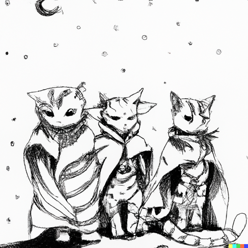 DALL·E 2022-09-01 11.11.43 - three manga cats sharing a trenchcoat on a moonlight night dramatic lighting detailed line art india ink 2007.png 