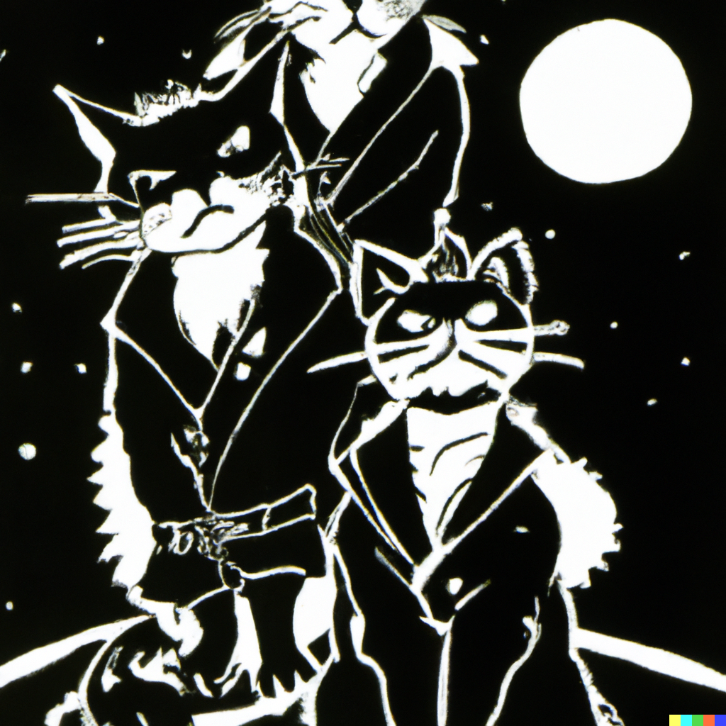 DALL·E 2022-09-01 11.11.48 - three manga cats sharing a trenchcoat on a moonlight night dramatic lighting detailed line art india ink 2007.png 