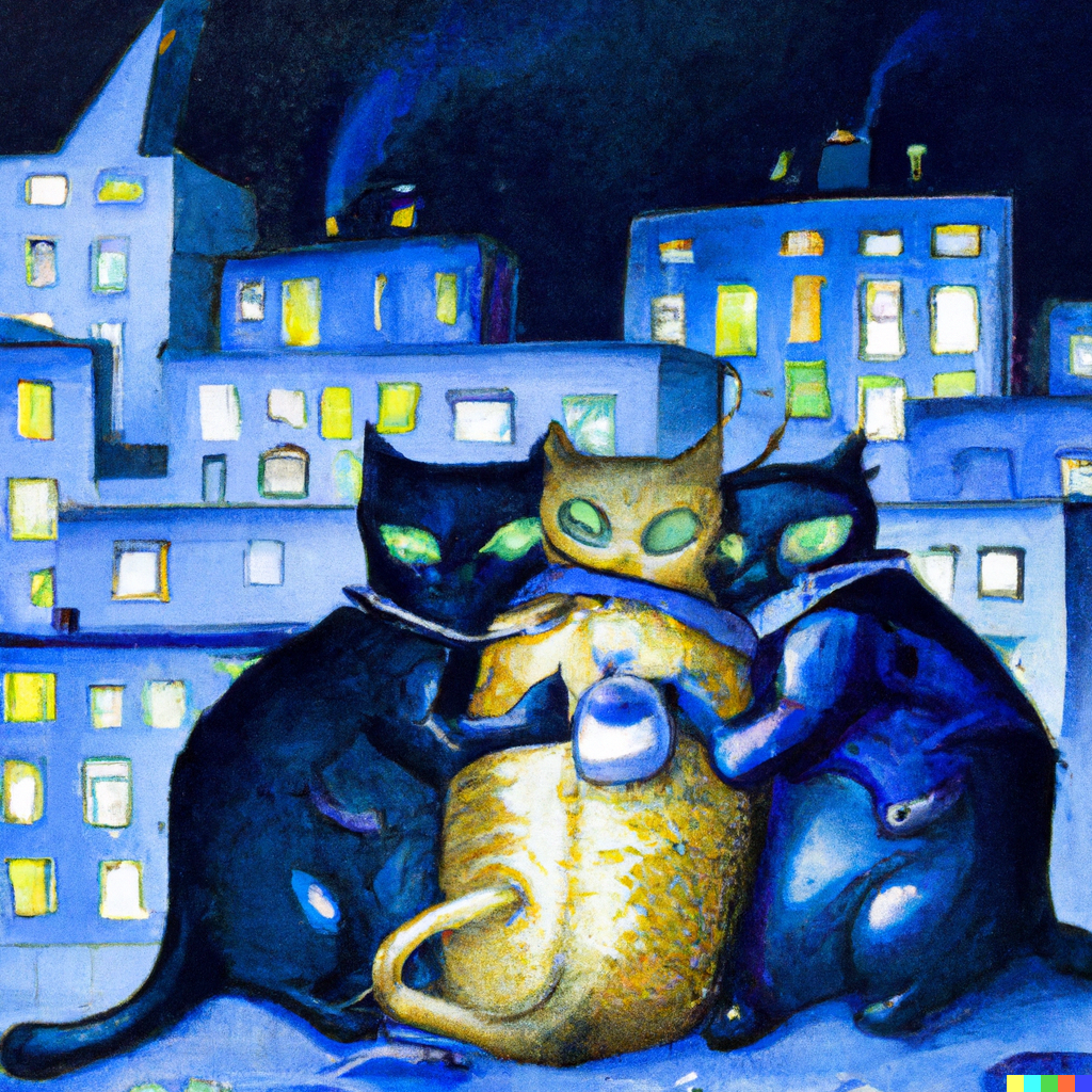DALL·E 2022-09-01 11.11.52 - three cats sharing a trenchcoat on a moonlight night dramatic lighting cityscape watercolour.png 