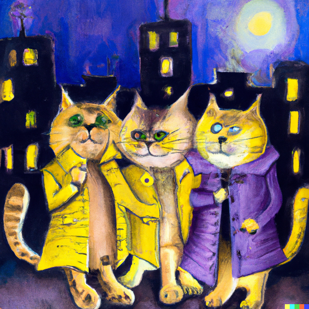 DALL·E 2022-09-01 11.11.56 - three cats sharing a trenchcoat on a moonlight night dramatic lighting cityscape watercolour.png 