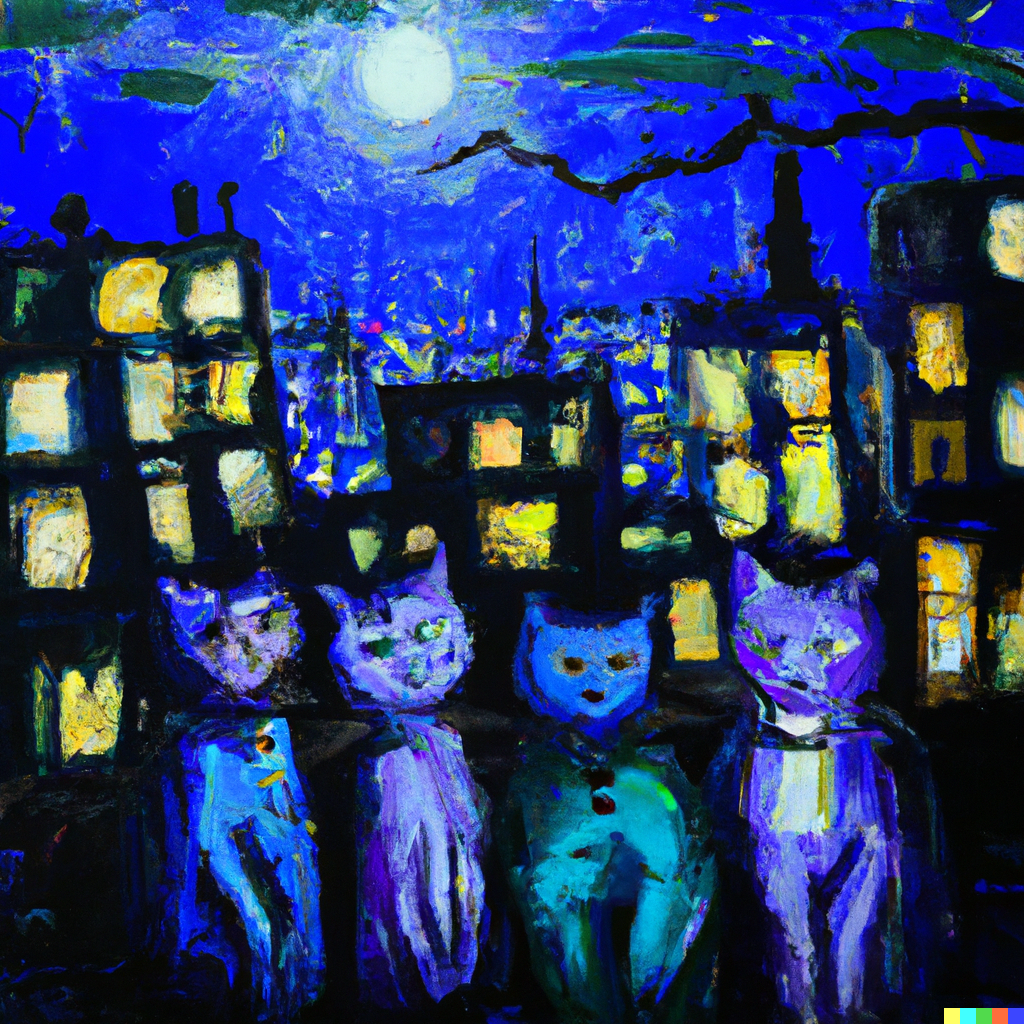 DALL·E 2022-09-01 11.12.13 - three cats sharing a trenchcoat on a moonlight night dramatic lighting cityscape oil painting by james downie.png 