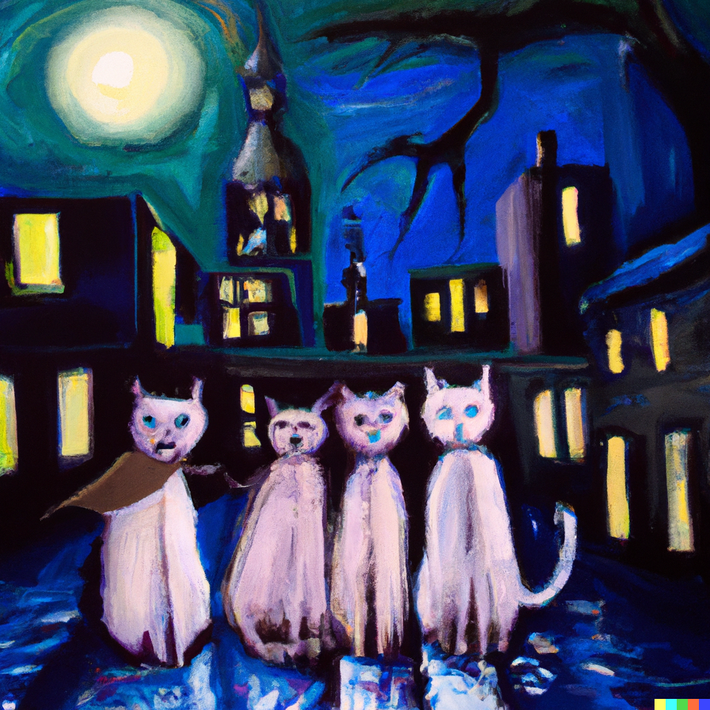 DALL·E 2022-09-01 11.12.19 - three cats sharing a trenchcoat on a moonlight night dramatic lighting cityscape oil painting by james downie.png 