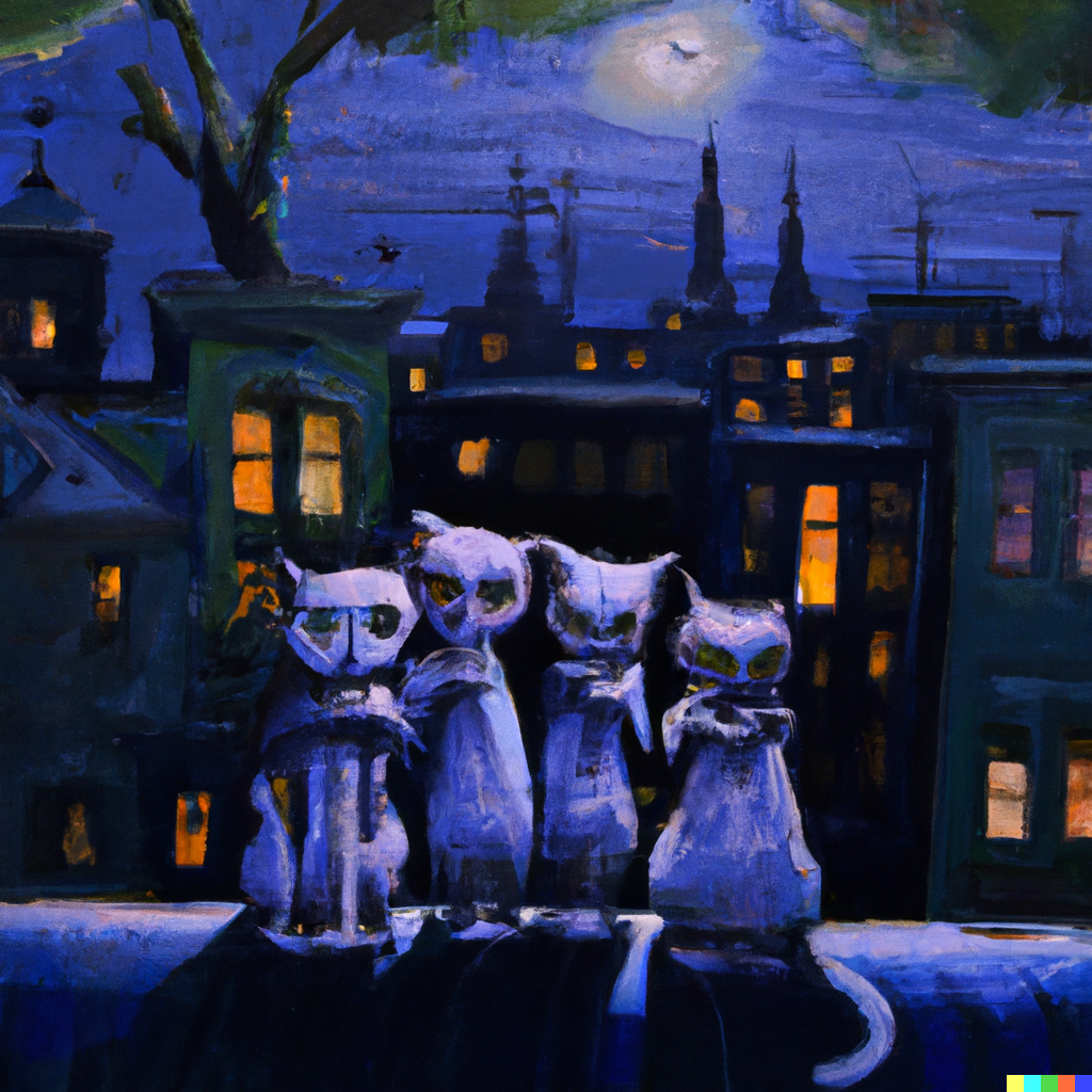 DALL·E 2022-09-01 11.12.25 - three cats sharing a trenchcoat on a moonlight night dramatic lighting cityscape oil painting by james downie.png 