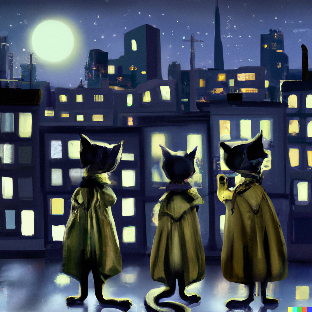 DALL·E 2022-09-01 11.12.29 - three cats sharing a trenchcoat on a moonlight night dramatic lighting cityscape by james downie.png 